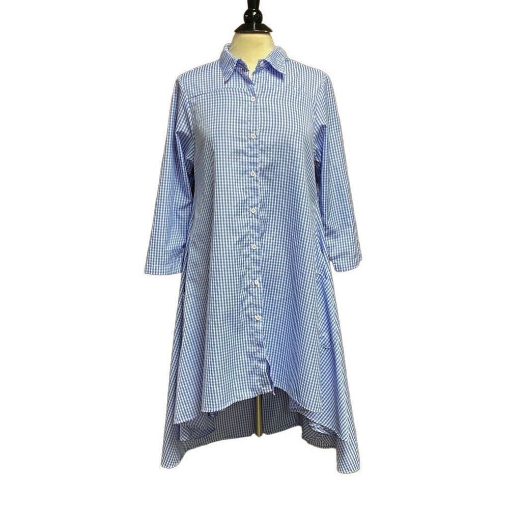Blue Gingham Check Button Down Batwing Tunic Dres… - image 1